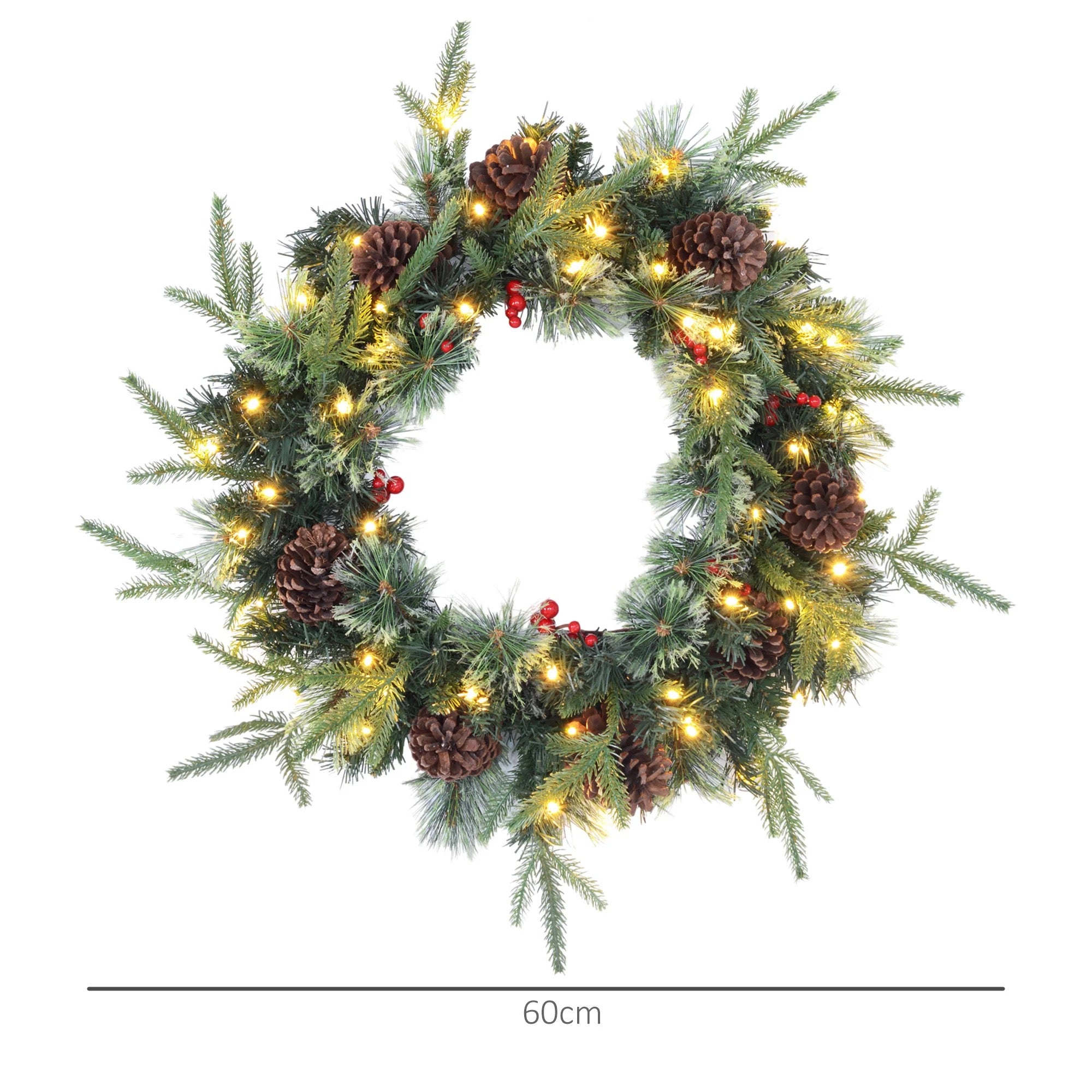 60cm Pre-Lit Wreath with Pine Cones & Berries