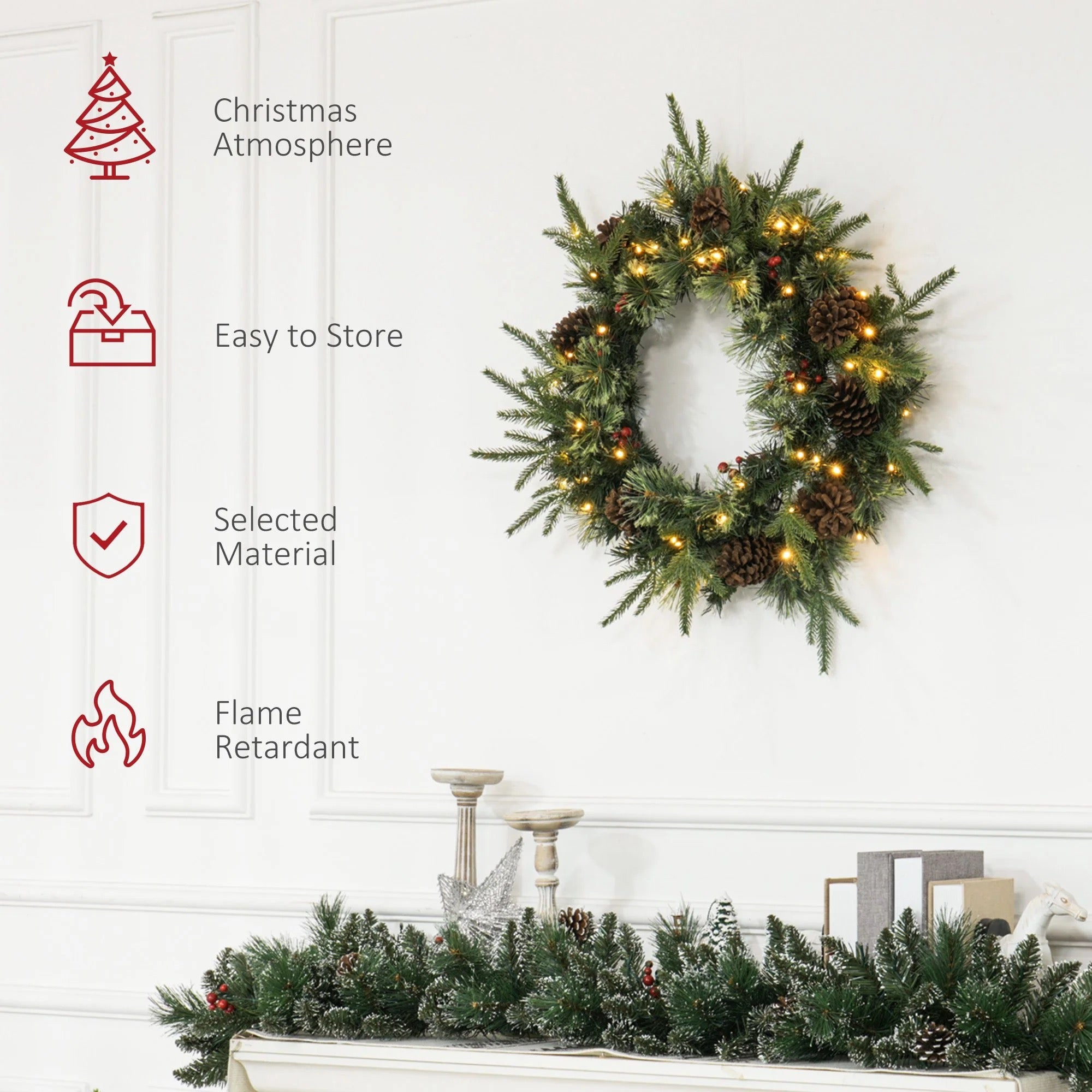 60cm Pre-Lit Wreath with Pine Cones & Berries