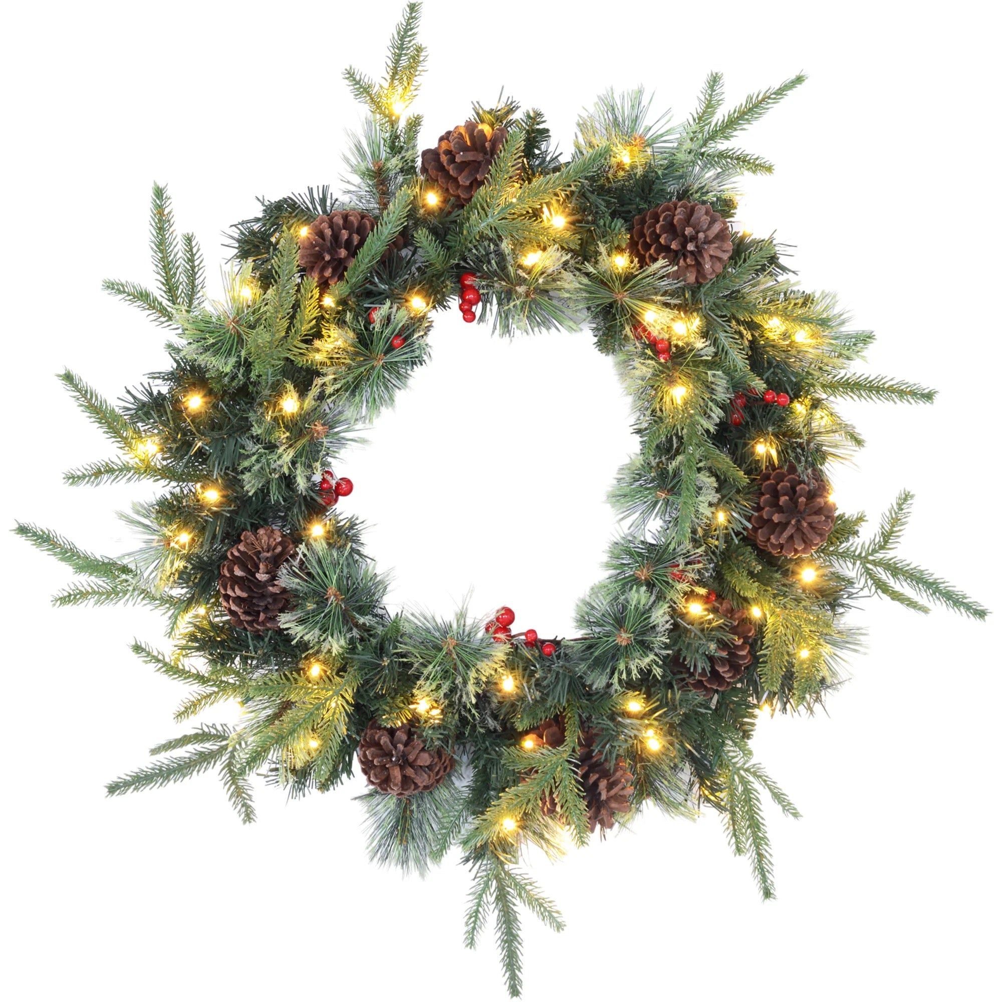 60cm Pre-Lit Wreath with Pine Cones & Berries
